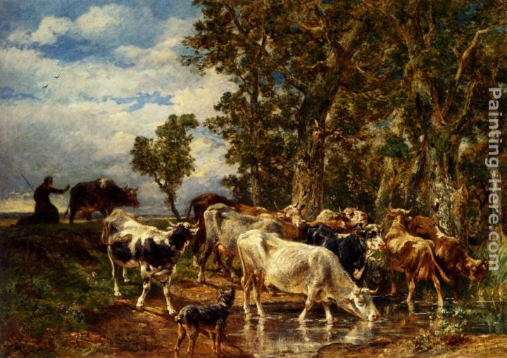 Troupeau De Vaches A L'Abreuvoir painting - Charles Emile Jacque Troupeau De Vaches A L'Abreuvoir art painting